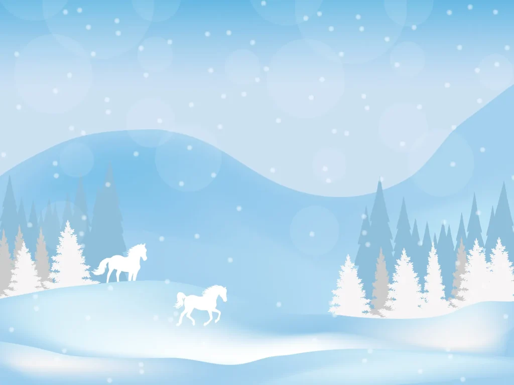 2025-2026年末年始のお知らせ。冬の景色と馬のイラスト
