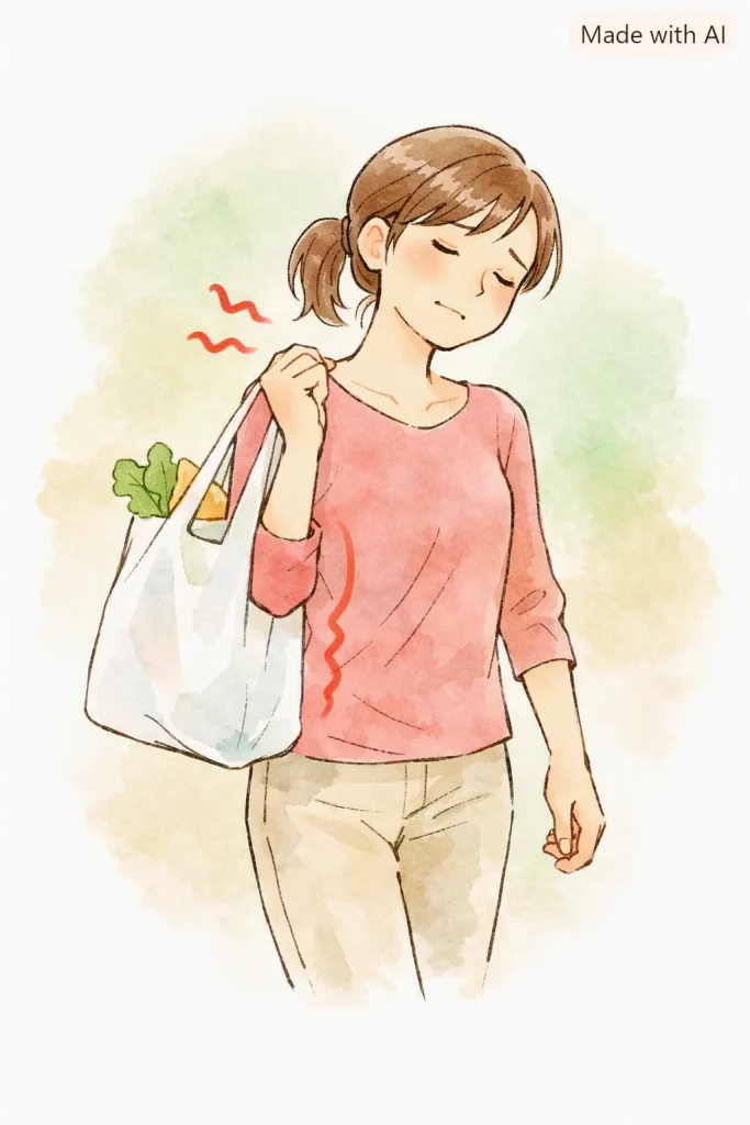 片側だけで荷物を持つと圧力が偏る説明イラスト