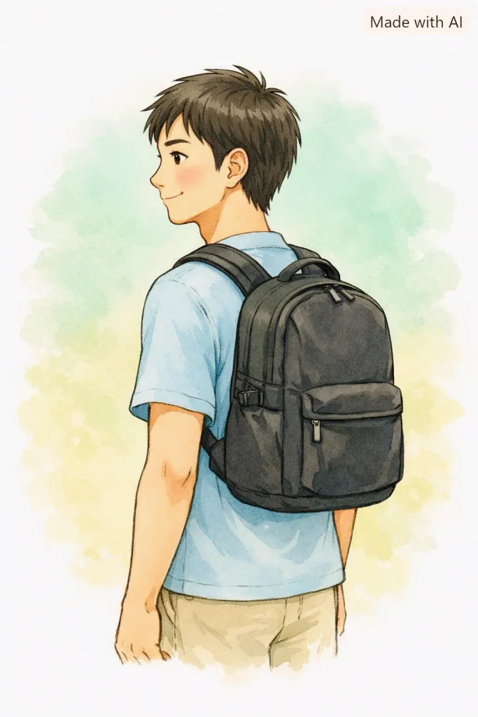 リュックを背中にフィットさせて背負う正しい方法のイラスト